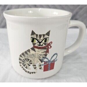 Pottery Barn & Denise Fiedler Mug Whimsical Cat WIth Wrapped Gift Coffee Cup